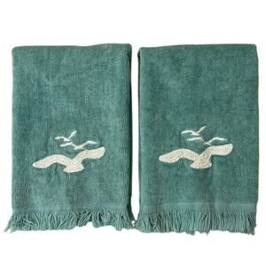 Vtg 70s Lady Pepperell Hand Towels Beach Seagulls Embroidered‎ Fringe 2pcSet MCM